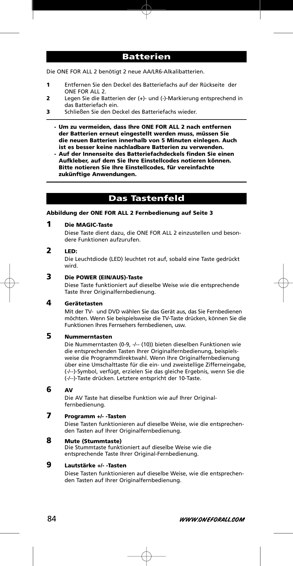 Batterien, Das tastenfeld | One for All URC-7721 User Manual | Page 84 / 116