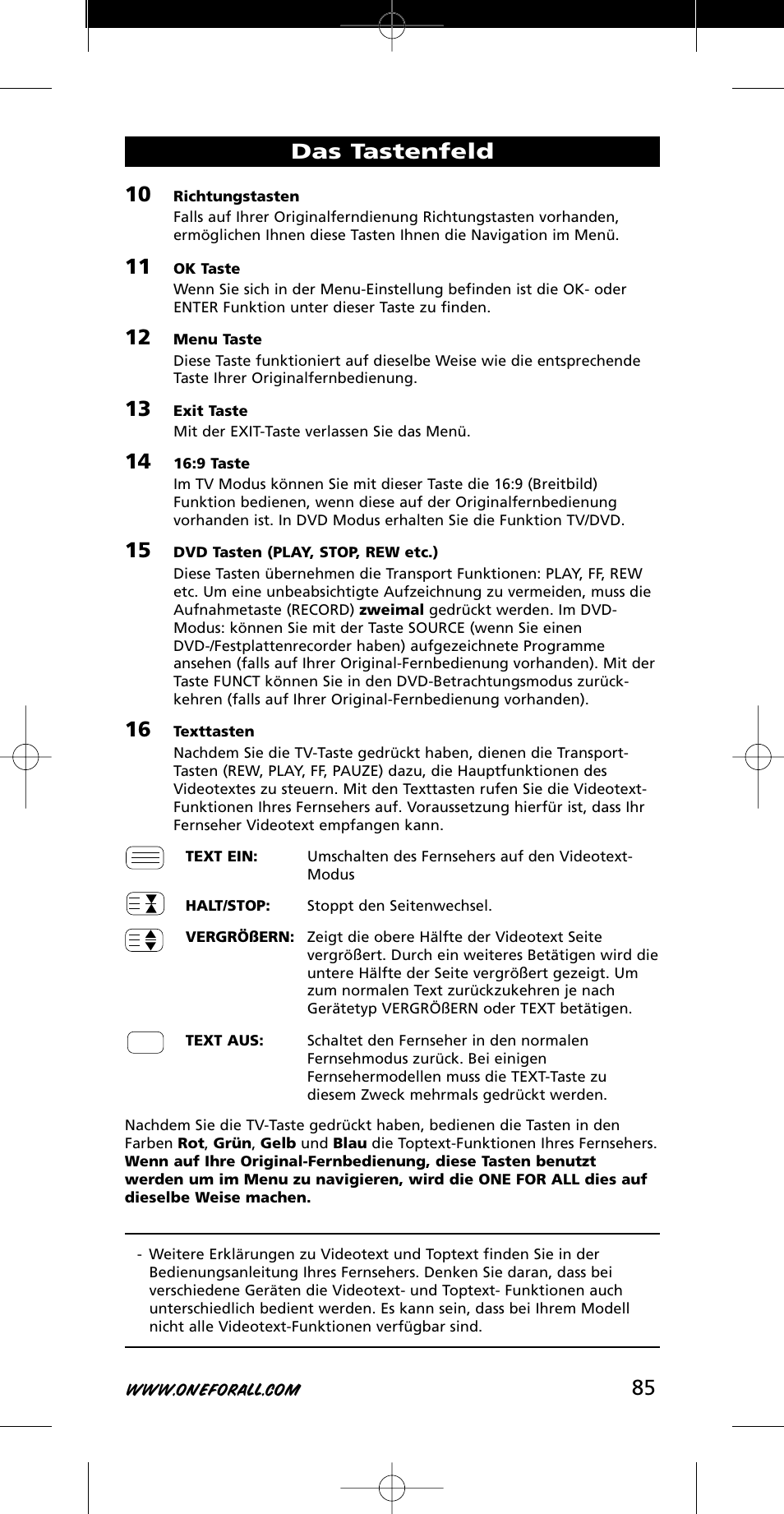 Das tastenfeld | One for All URC-7721 User Manual | Page 85 / 116