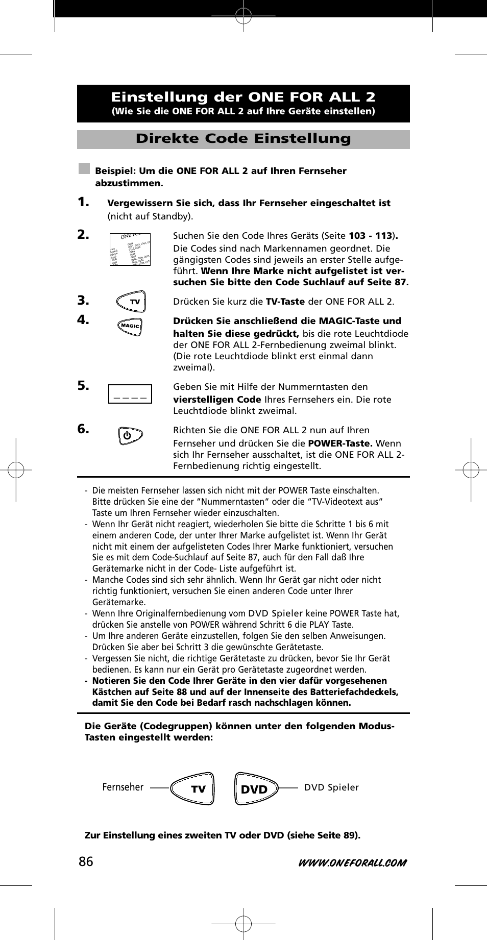 Einstellung der one for all 2, Direkte code einstellung, Fernseher | Drücken sie kurz die tv-taste der one for all 2, Dvd spieler | One for All URC-7721 User Manual | Page 86 / 116