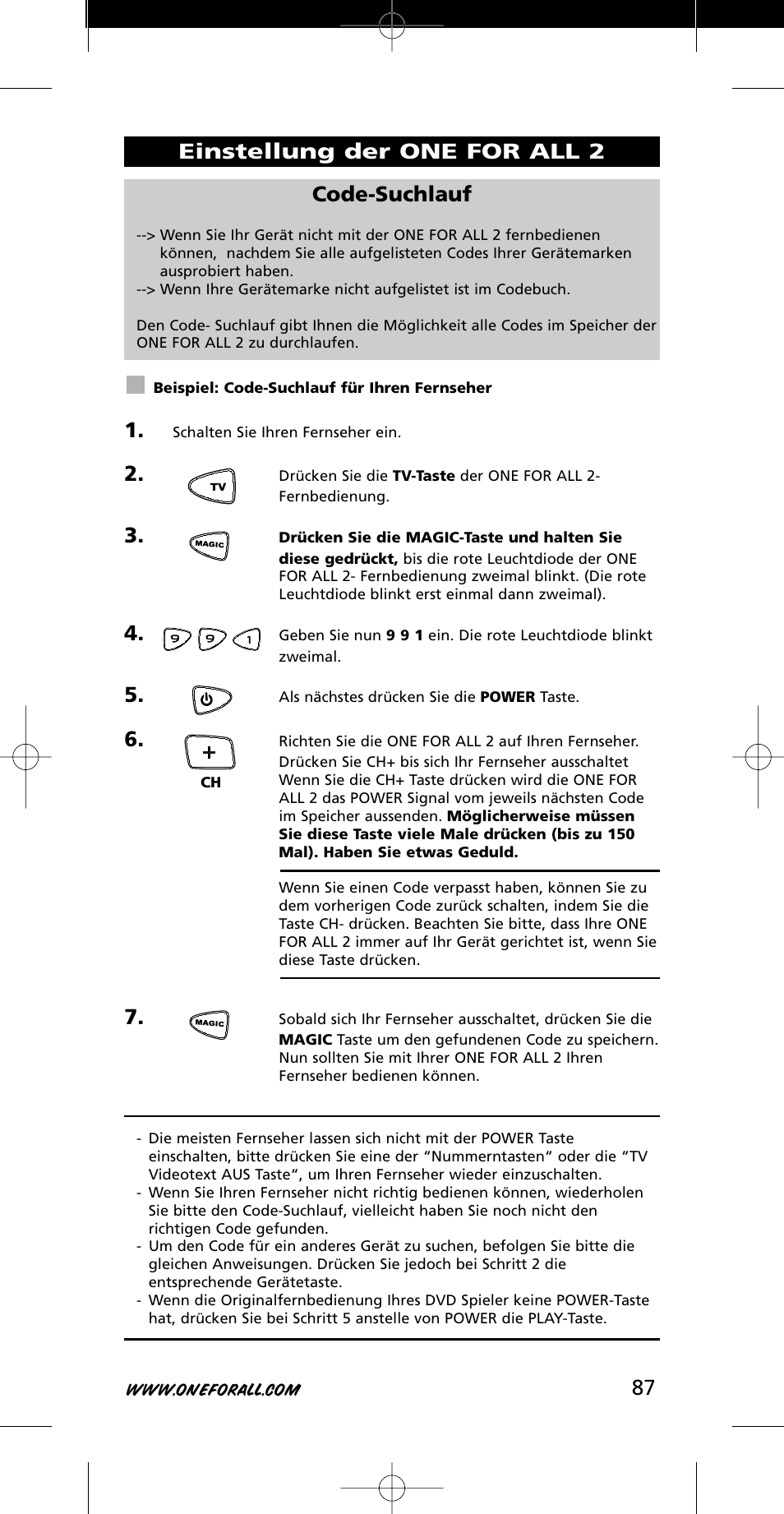 87 code-suchlauf, Einstellung der one for all 2 | One for All URC-7721 User Manual | Page 87 / 116