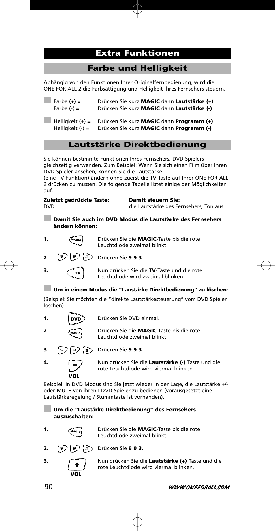 Farbe und helligkeit, Lautstärke direktbedienung, Extra funktionen | One for All URC-7721 User Manual | Page 90 / 116