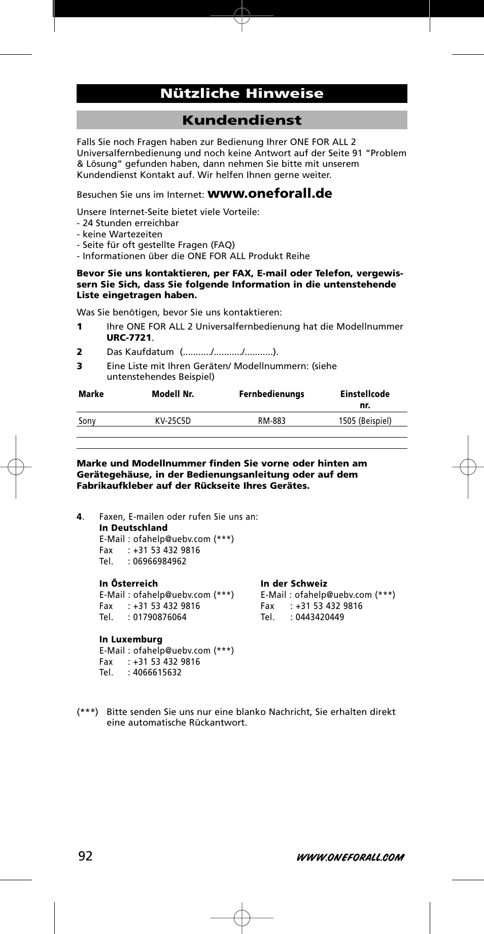 Kundendienst, Nützliche hinweise | One for All URC-7721 User Manual | Page 92 / 116