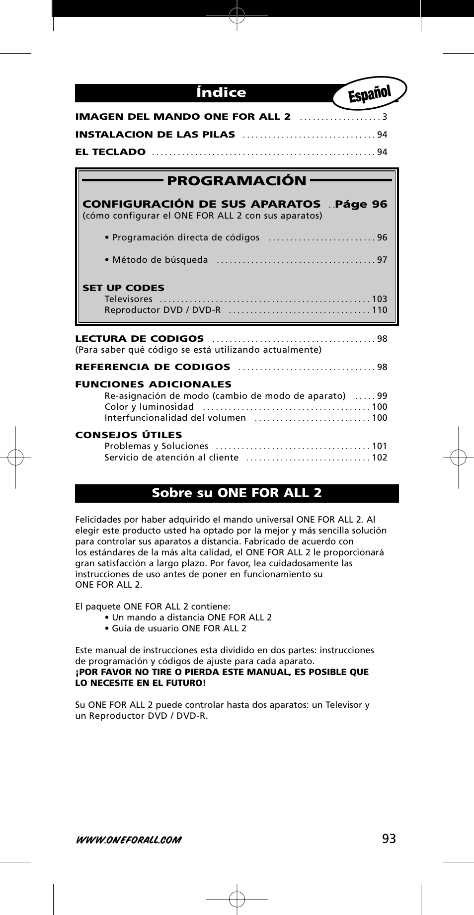 Español, 93 programación, Índice | Sobre su one for all 2 | One for All URC-7721 User Manual | Page 93 / 116