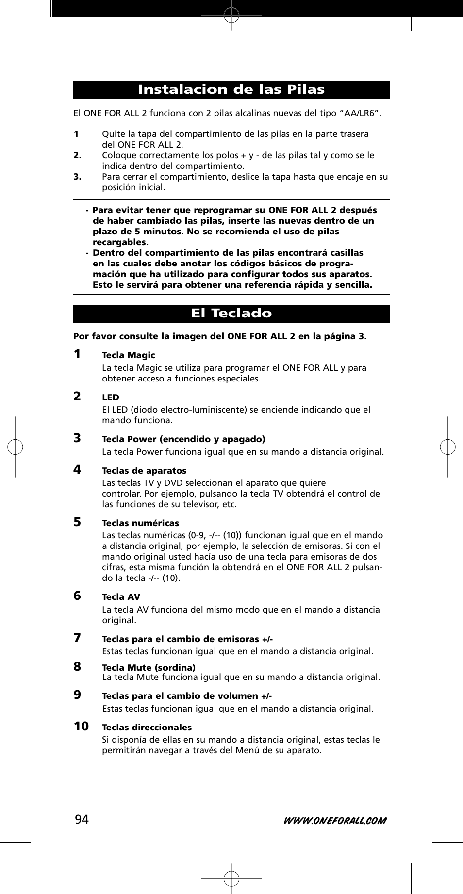 Instalacion de las pilas, El teclado | One for All URC-7721 User Manual | Page 94 / 116