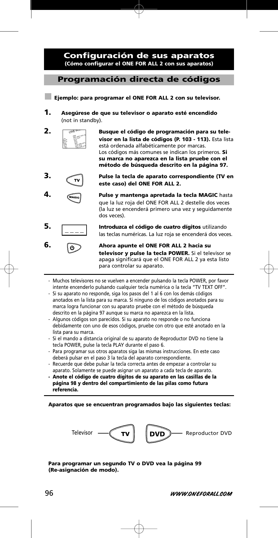 Configuración de sus aparatos, Programación directa de códigos, Televisor | Cómo configurar el one for all 2 con sus aparatos), Reproductor dvd | One for All URC-7721 User Manual | Page 96 / 116