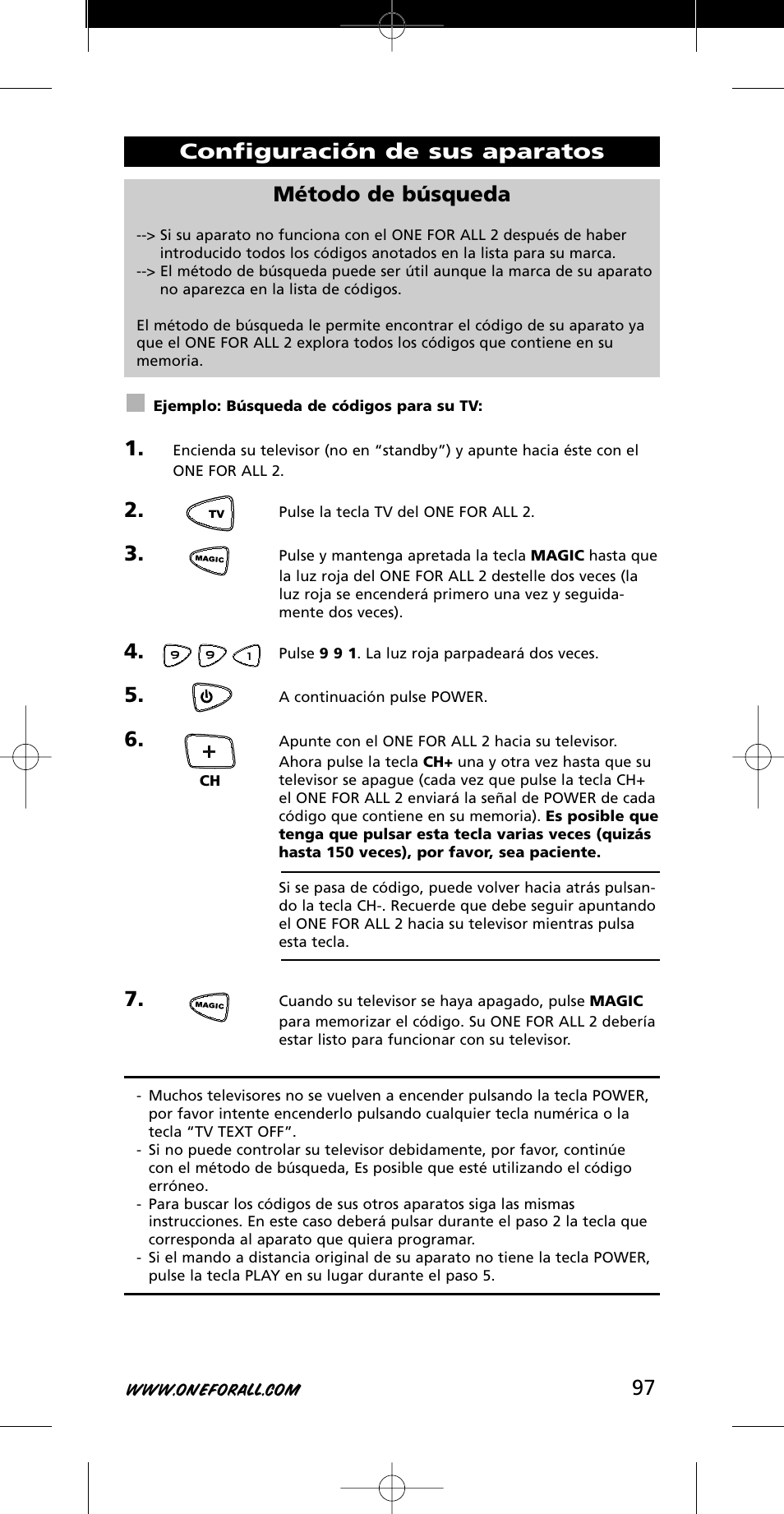 Método de búsqueda, Configuración de sus aparatos | One for All URC-7721 User Manual | Page 97 / 116