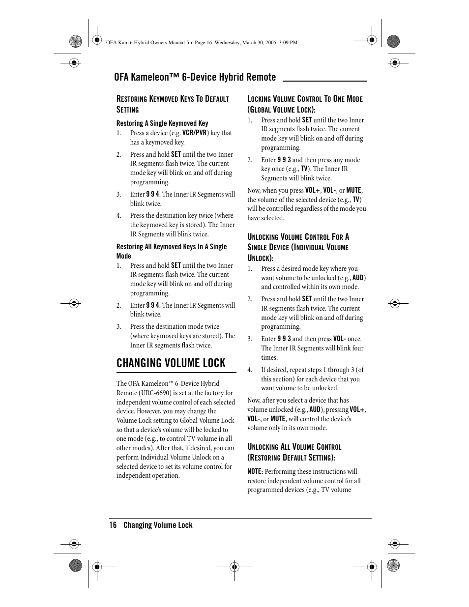 Changing volume lock, Ofa kameleon™ 6-device hybrid remote | One for All Kameleon URC-6690 User Manual | Page 18 / 44