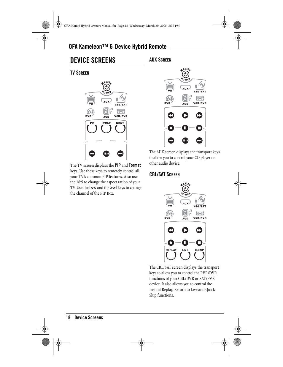 Device screens, Ofa kameleon™ 6-device hybrid remote | One for All Kameleon URC-6690 User Manual | Page 20 / 44