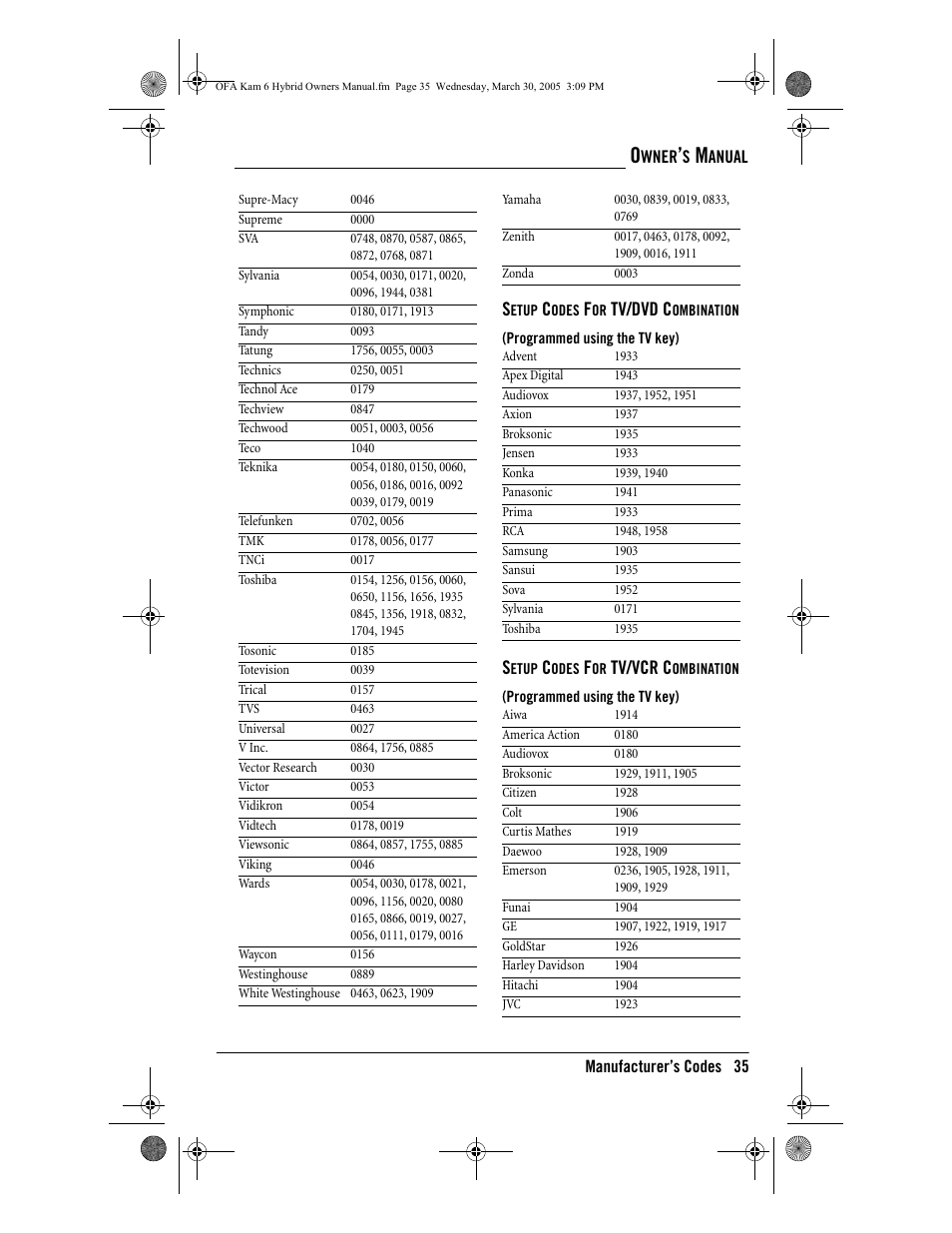 Tv/dvd c, Tv/vcr c | One for All Kameleon URC-6690 User Manual | Page 37 / 44