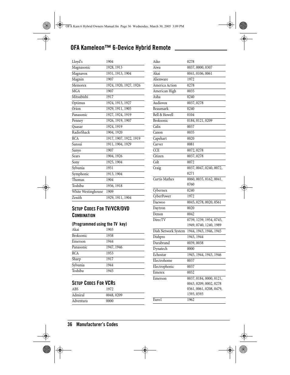 Ofa kameleon™ 6-device hybrid remote, Tv/vcr/dvd c | One for All Kameleon URC-6690 User Manual | Page 38 / 44