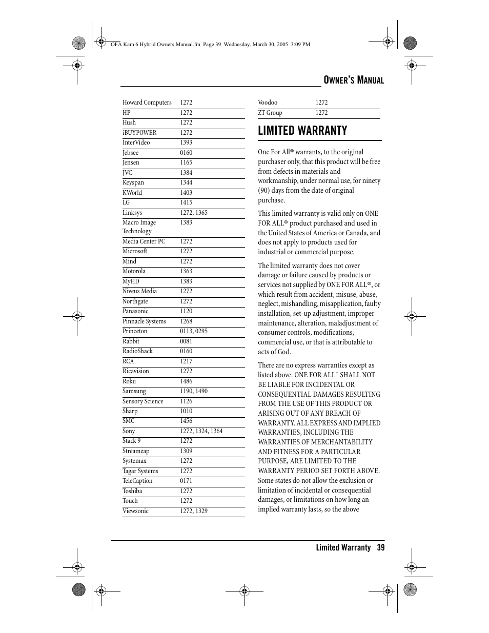 Limited warranty | One for All Kameleon URC-6690 User Manual | Page 41 / 44