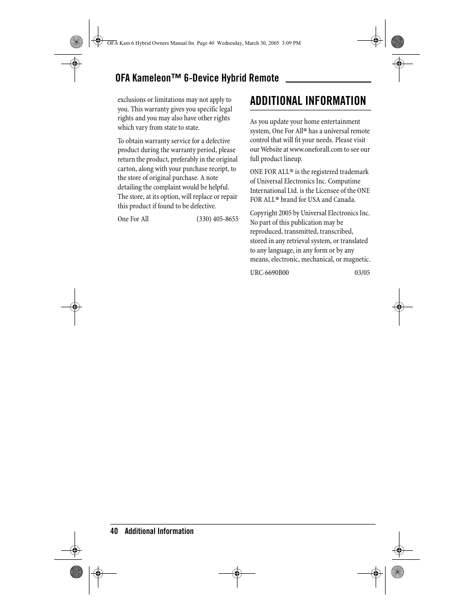 Additional information, Ofa kameleon™ 6-device hybrid remote | One for All Kameleon URC-6690 User Manual | Page 42 / 44