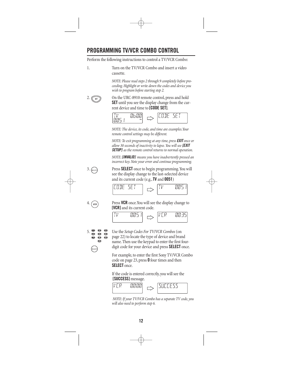 Programming tv/vcr combo control | One for All (URC-8910) User Manual | Page 12 / 77