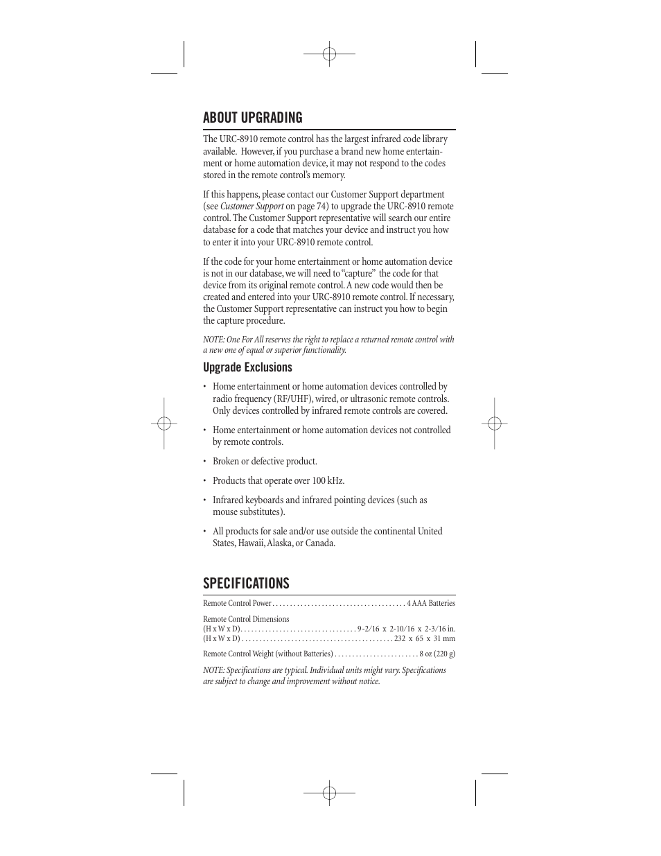 About upgrading, Specifications | One for All (URC-8910) User Manual | Page 38 / 77