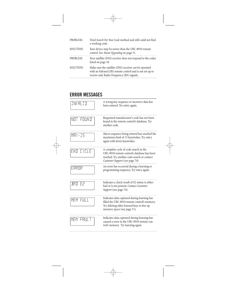 Error messages | One for All (URC-8910) User Manual | Page 40 / 77