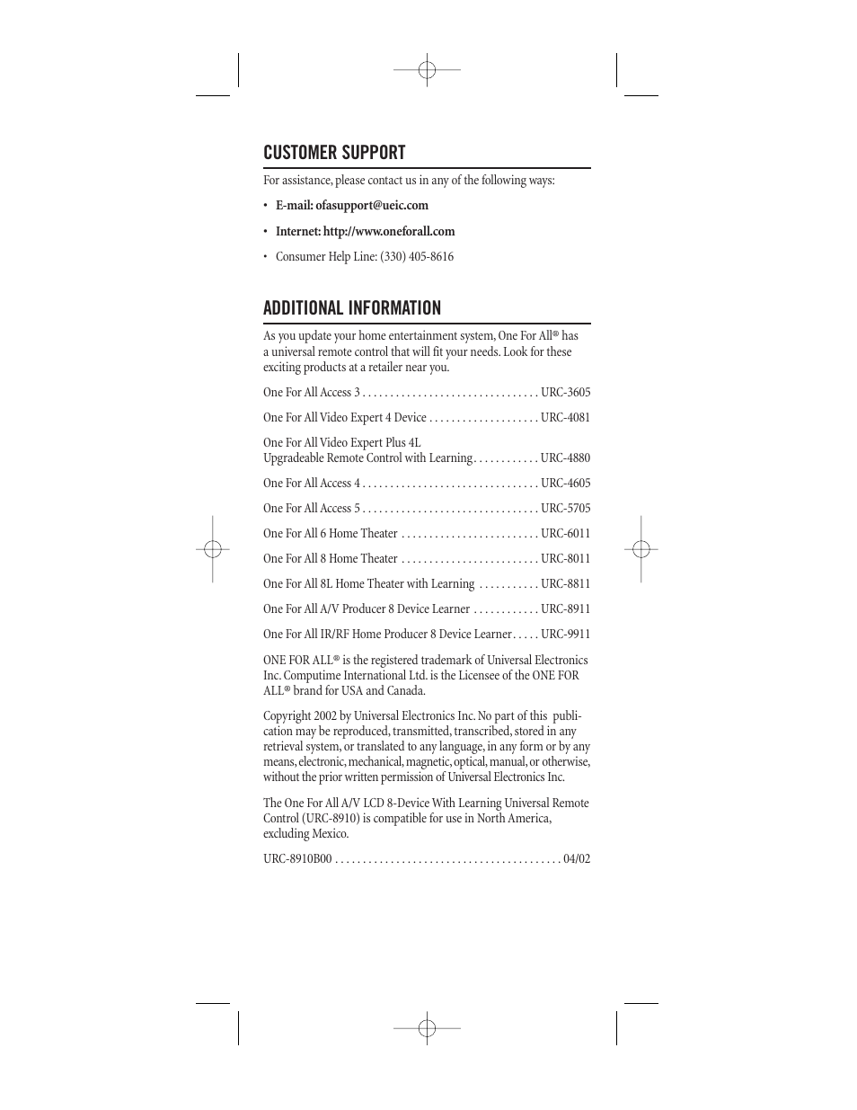 Customer support, Additional information | One for All (URC-8910) User Manual | Page 61 / 77