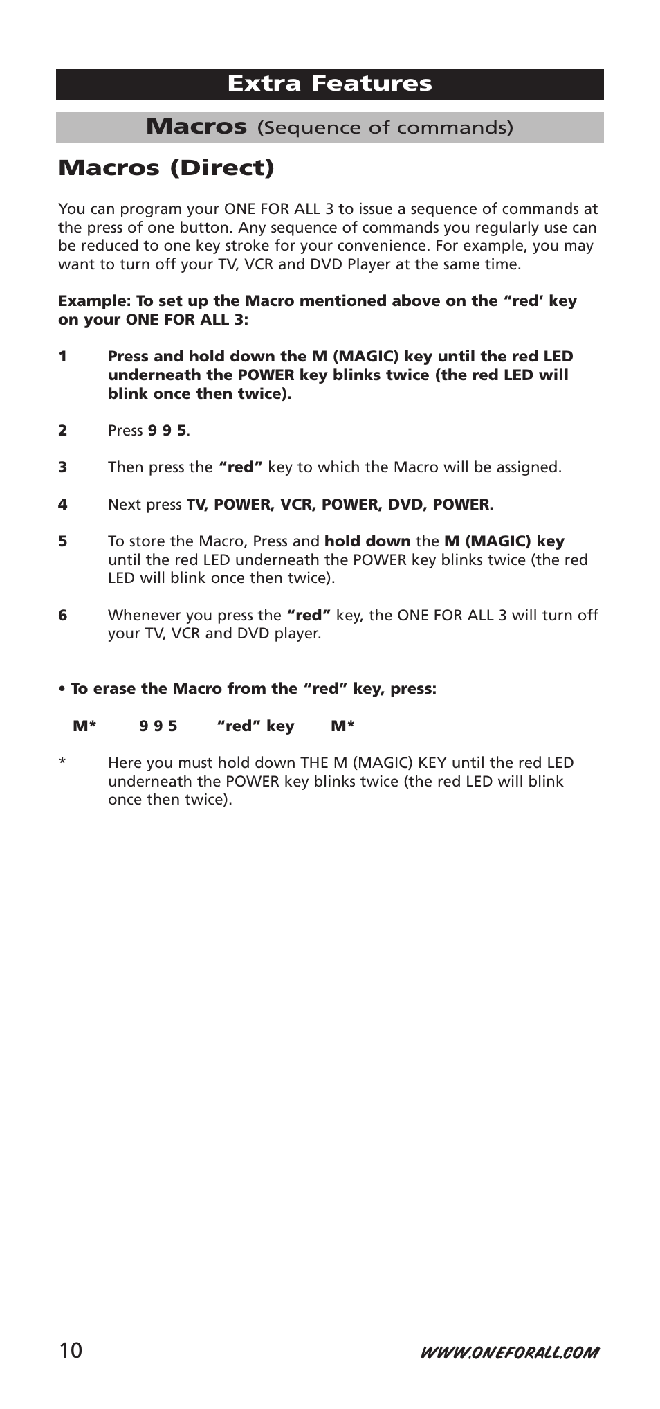 Macros, Extra features macros (direct) | One for All URC-7955 User Manual | Page 10 / 144