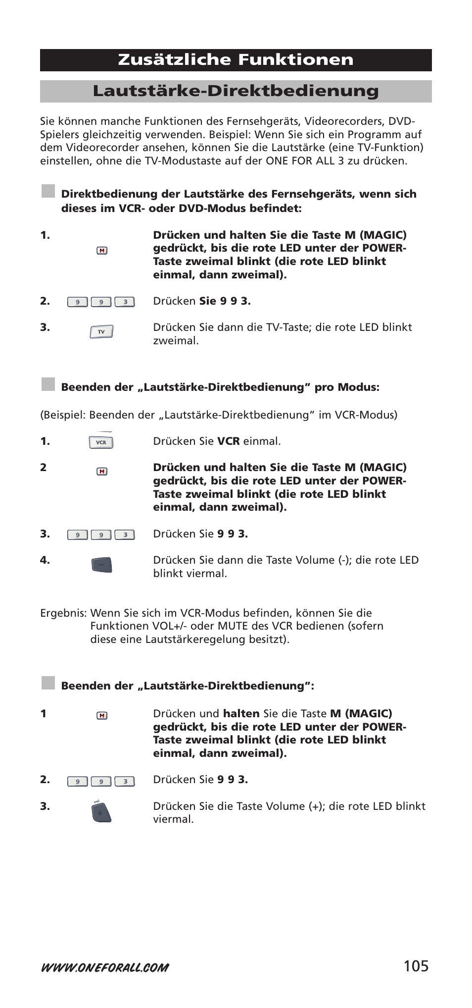 105 lautstärke-direktbedienung, Zusätzliche funktionen | One for All URC-7955 User Manual | Page 105 / 144