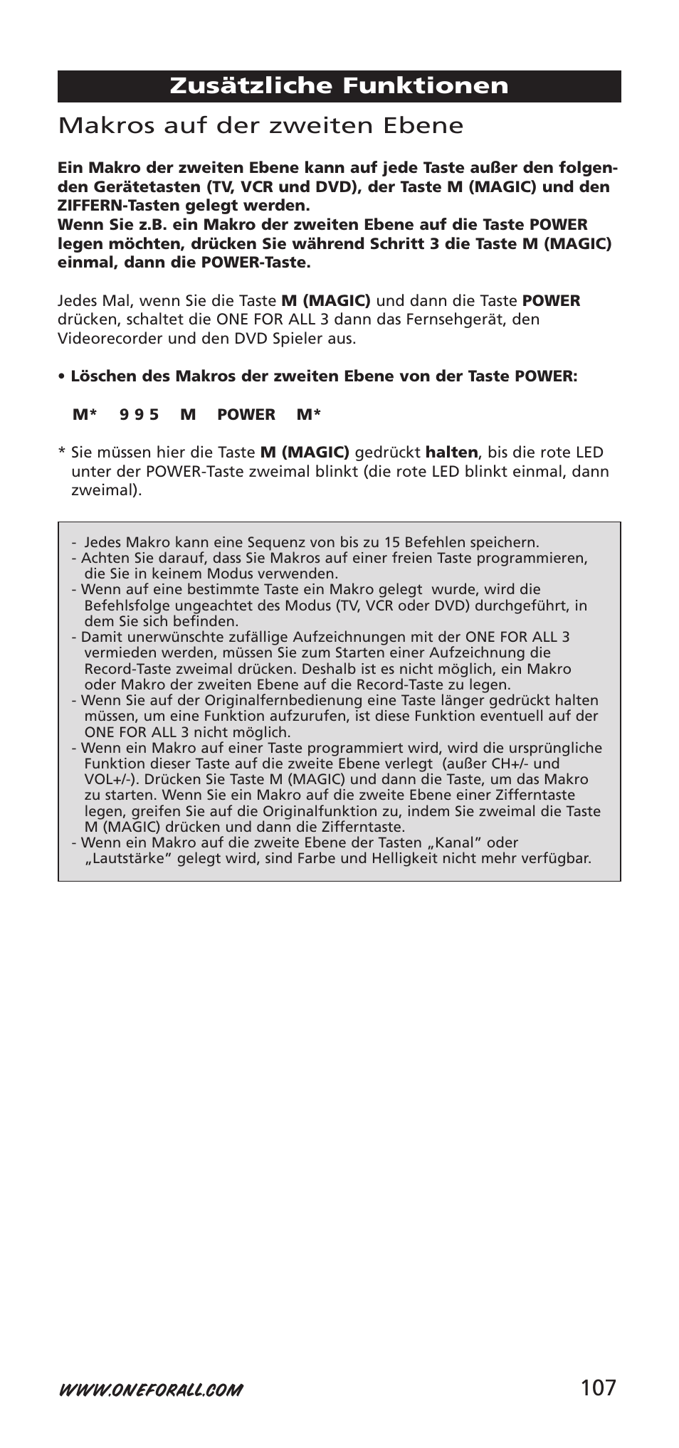 107 makros auf der zweiten ebene, Zusätzliche funktionen | One for All URC-7955 User Manual | Page 107 / 144