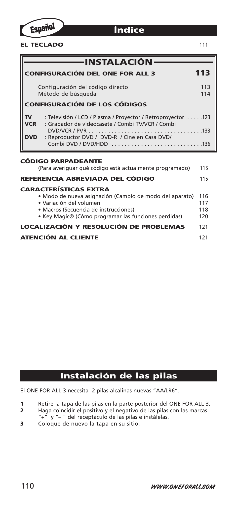 Español, Instalación, Índice | Instalación de las pilas | One for All URC-7955 User Manual | Page 110 / 144