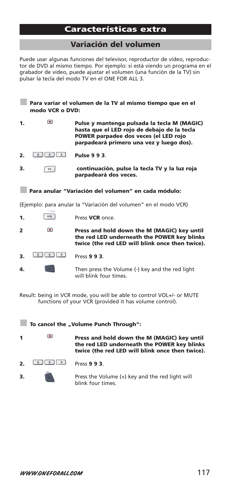 117 variación del volumen, Características extra | One for All URC-7955 User Manual | Page 117 / 144