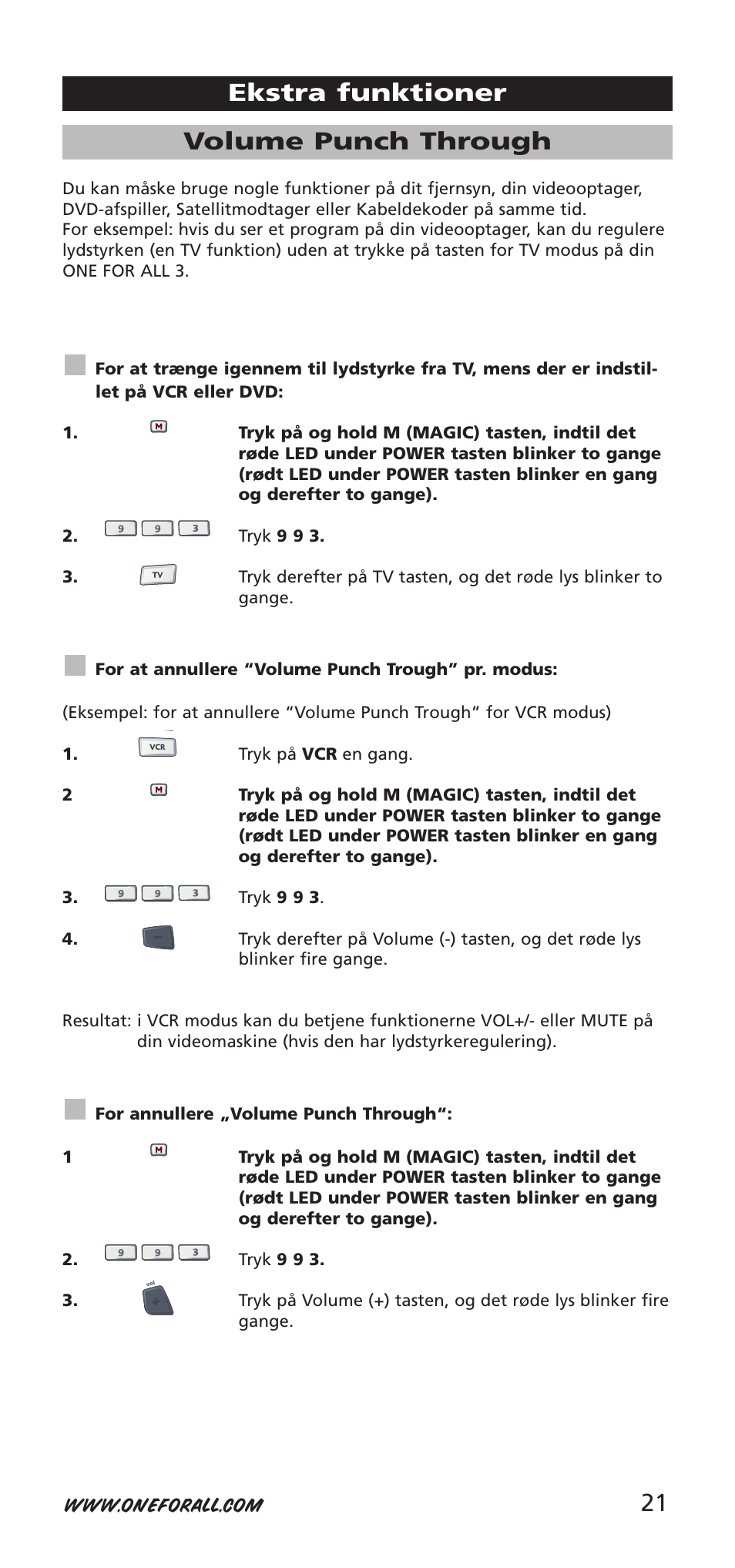 21 volume punch through, Ekstra funktioner | One for All URC-7955 User Manual | Page 21 / 144