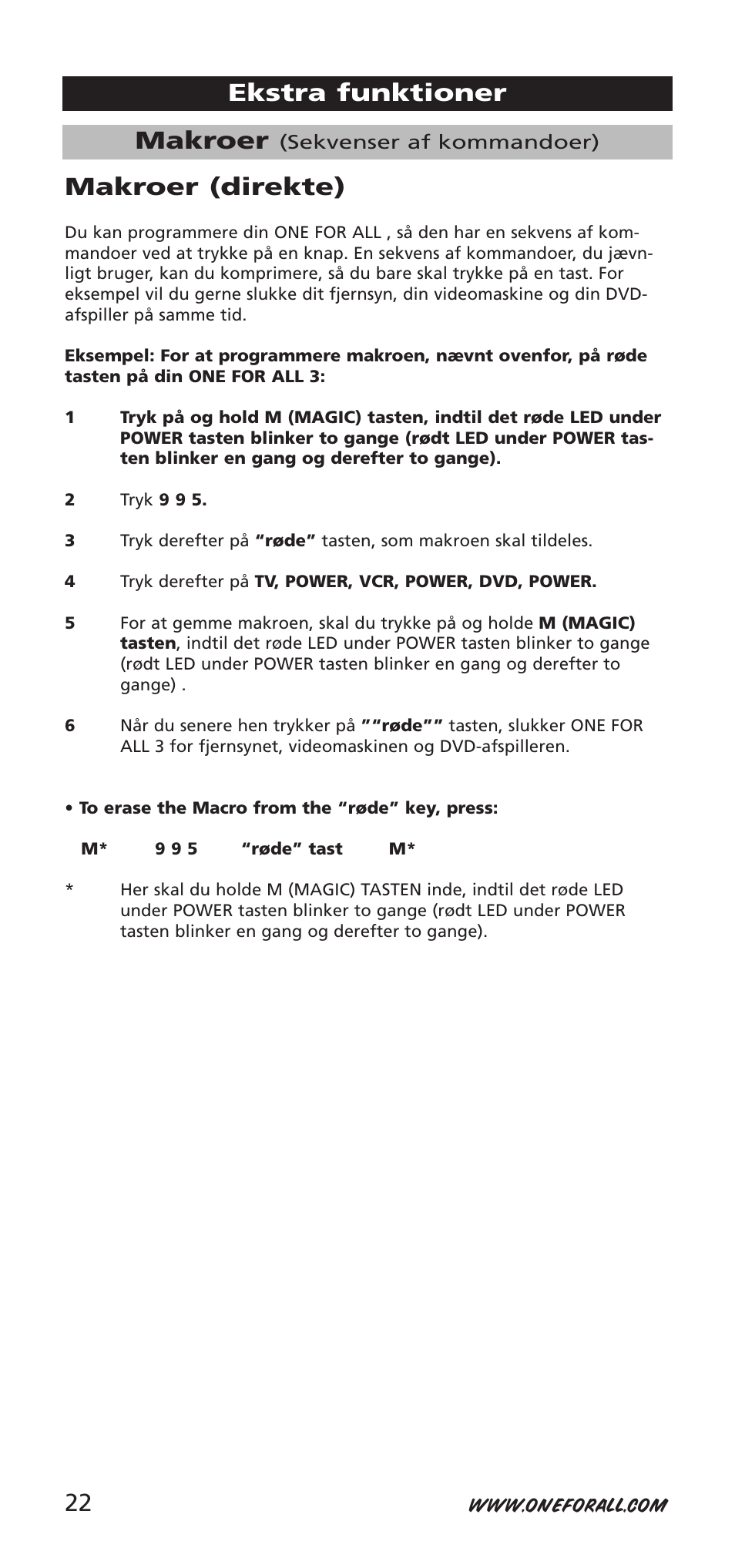 Makroer, Ekstra funktioner makroer (direkte) | One for All URC-7955 User Manual | Page 22 / 144