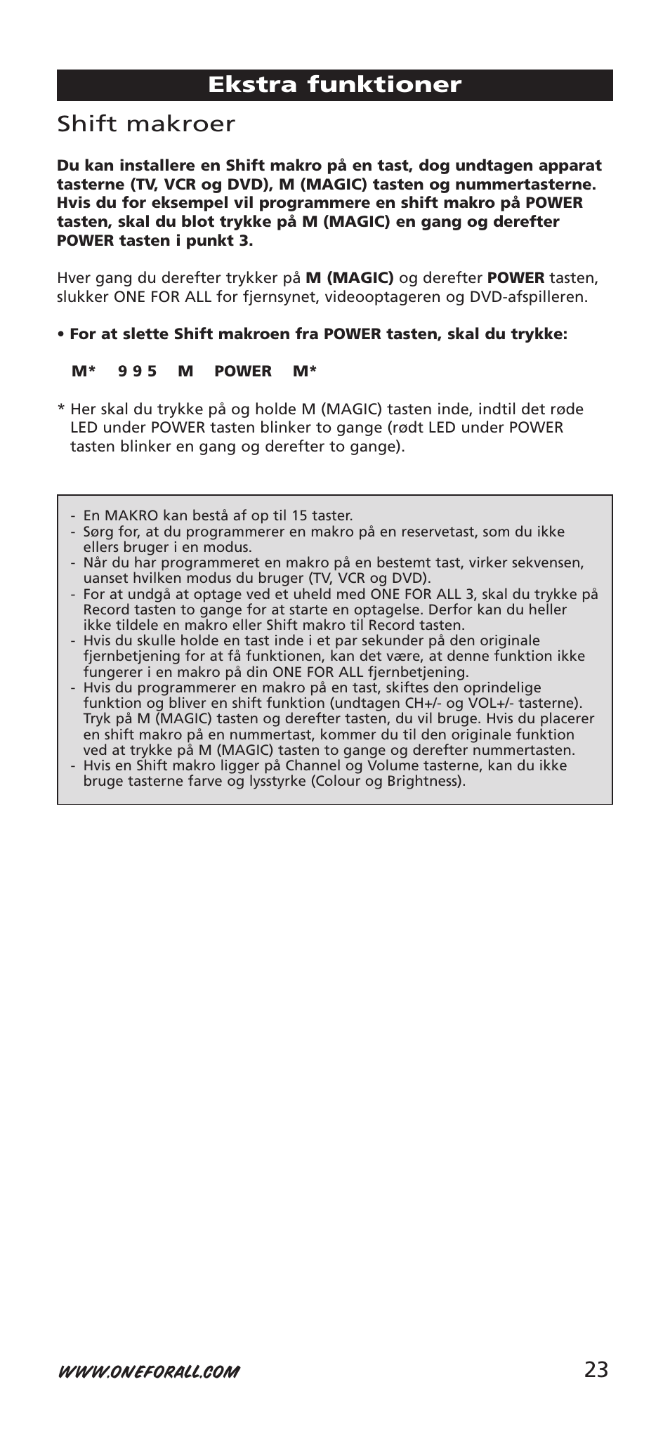 23 shift makroer, Ekstra funktioner | One for All URC-7955 User Manual | Page 23 / 144