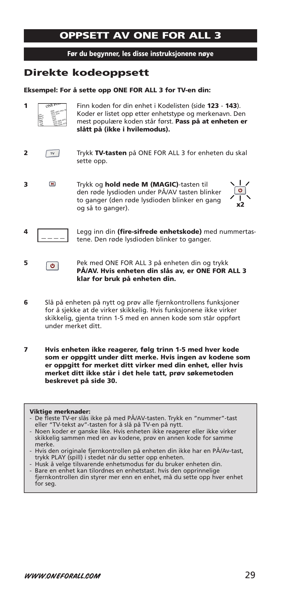 29 direkte kodeoppsett, Oppsett av one for all 3, Før du begynner, les disse instruksjonene nøye | One for All URC-7955 User Manual | Page 29 / 144