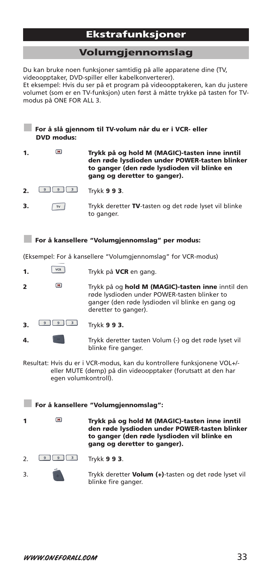 33 volumgjennomslag, Ekstrafunksjoner | One for All URC-7955 User Manual | Page 33 / 144