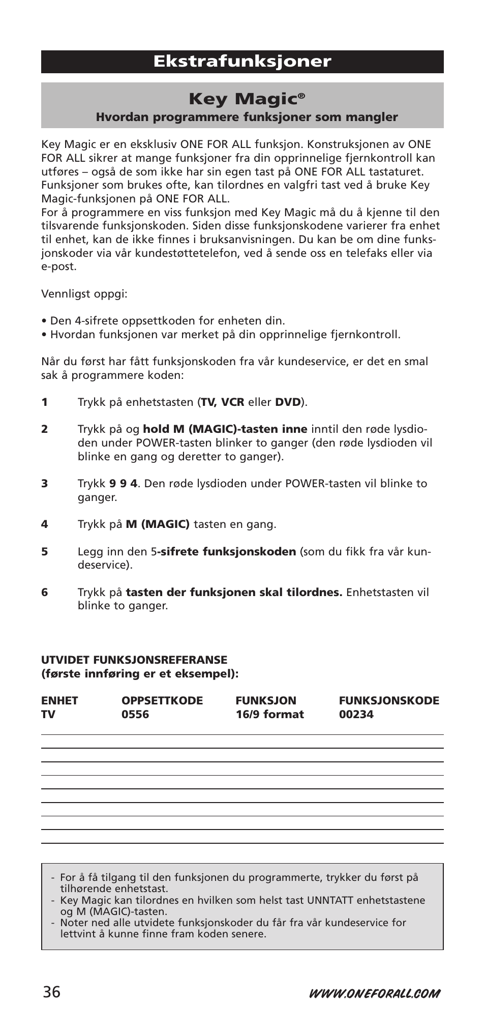 Key magic, Ekstrafunksjoner | One for All URC-7955 User Manual | Page 36 / 144