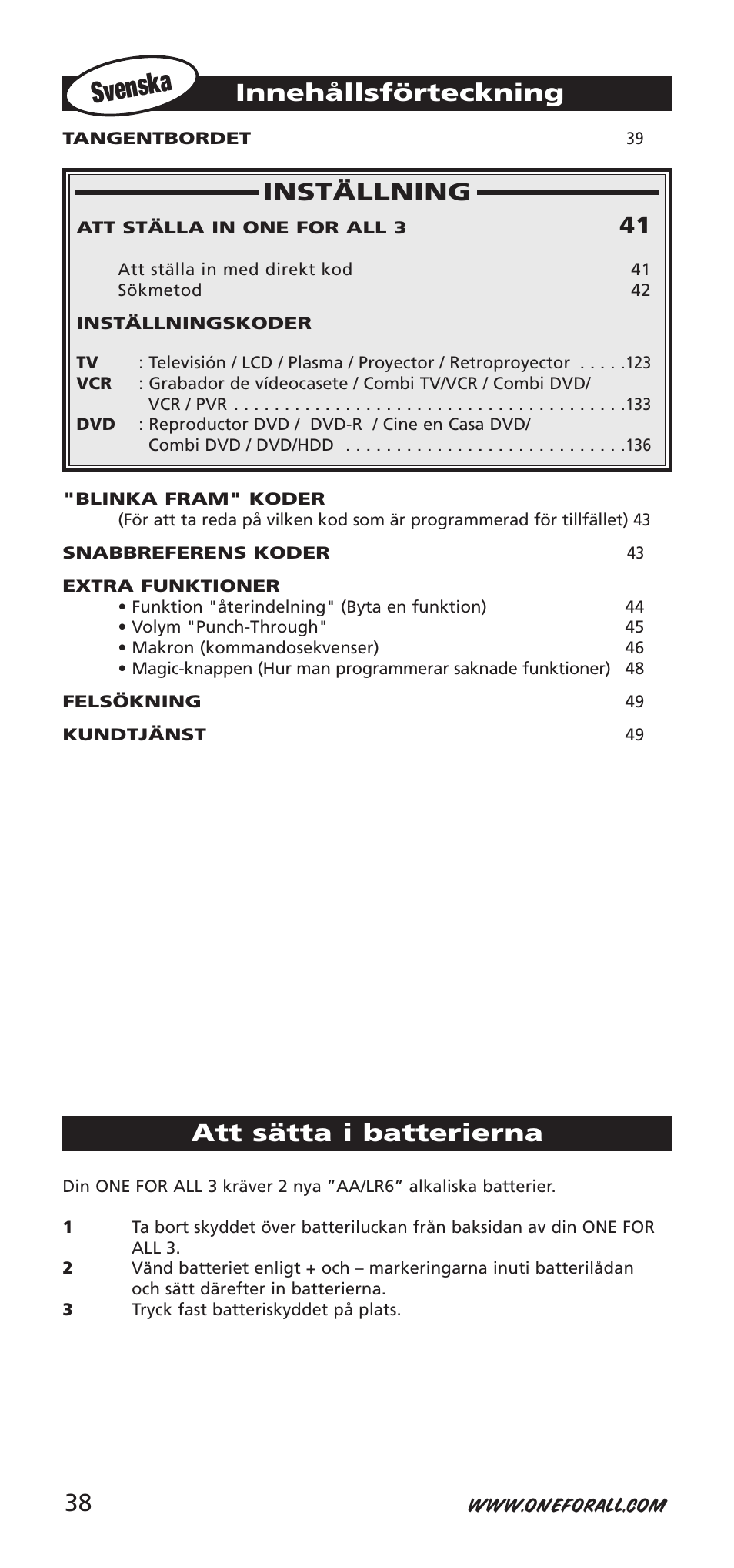 Svenska, Inställning, Innehållsförteckning | Att sätta i batterierna | One for All URC-7955 User Manual | Page 38 / 144