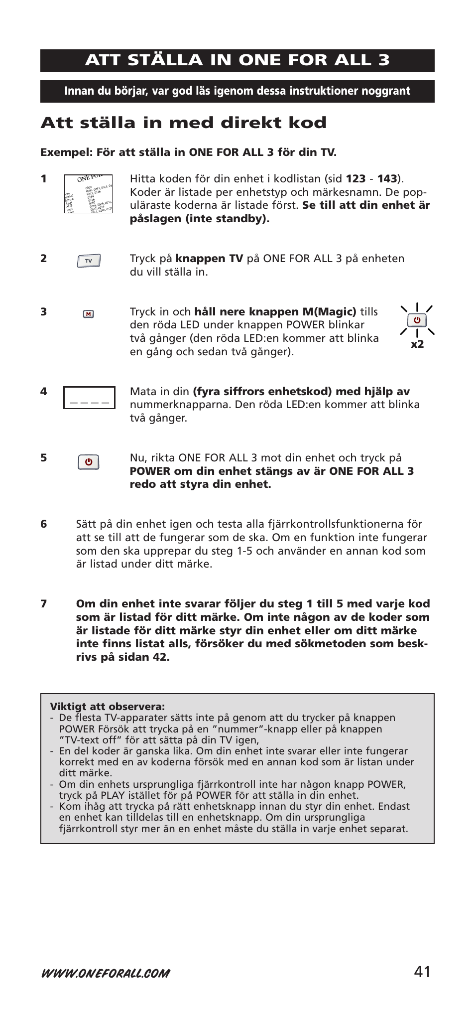 41 att ställa in med direkt kod, Att ställa in one for all 3 | One for All URC-7955 User Manual | Page 41 / 144