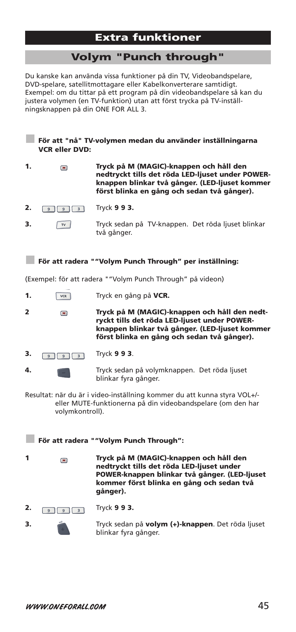 45 volym "punch through, Extra funktioner | One for All URC-7955 User Manual | Page 45 / 144