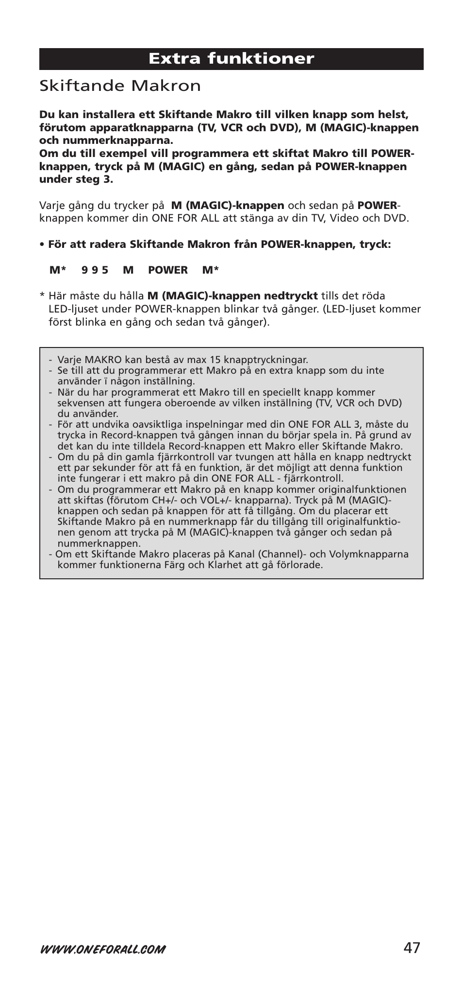 47 skiftande makron, Extra funktioner | One for All URC-7955 User Manual | Page 47 / 144