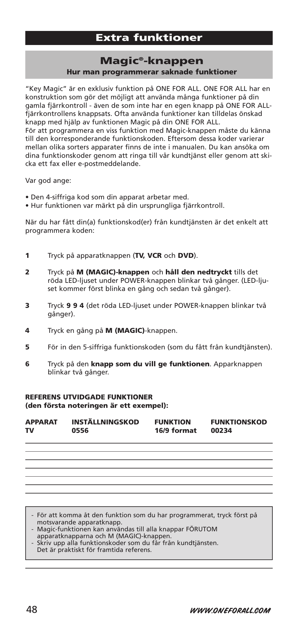 Magic, Knappen, Extra funktioner | One for All URC-7955 User Manual | Page 48 / 144