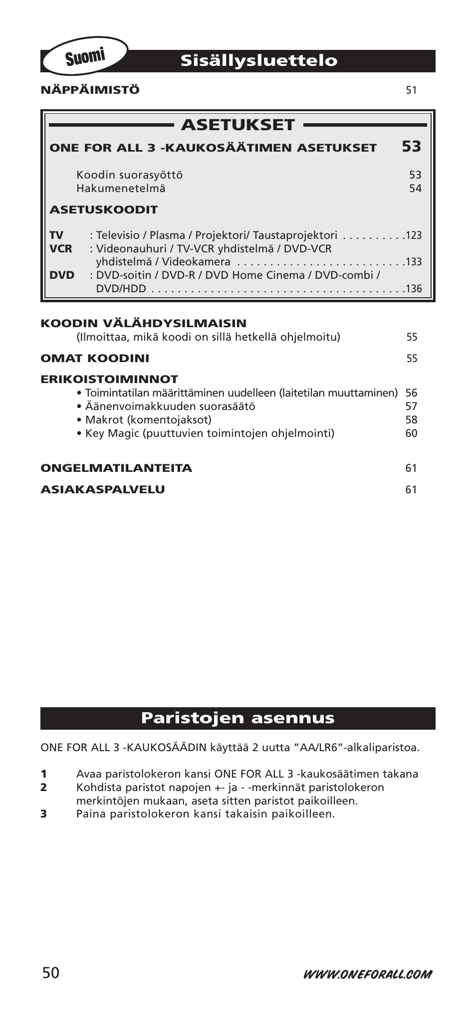 Suomi, Asetukset, Sisällysluettelo | Paristojen asennus | One for All URC-7955 User Manual | Page 50 / 144