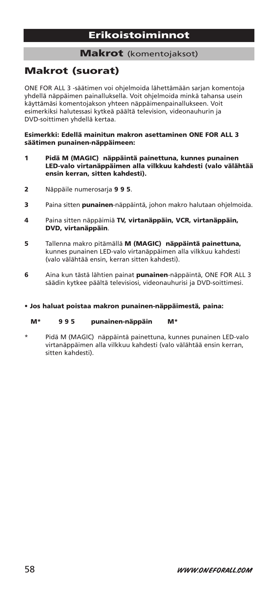 Makrot, Erikoistoiminnot makrot (suorat) | One for All URC-7955 User Manual | Page 58 / 144