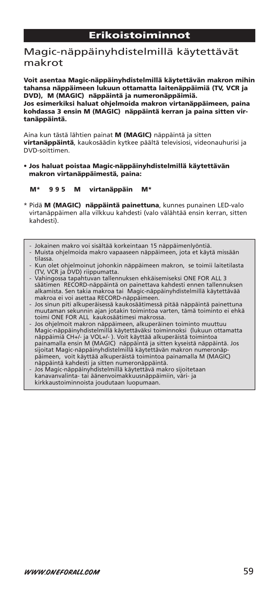 59 magic-näppäinyhdistelmillä käytettävät makrot, Erikoistoiminnot | One for All URC-7955 User Manual | Page 59 / 144