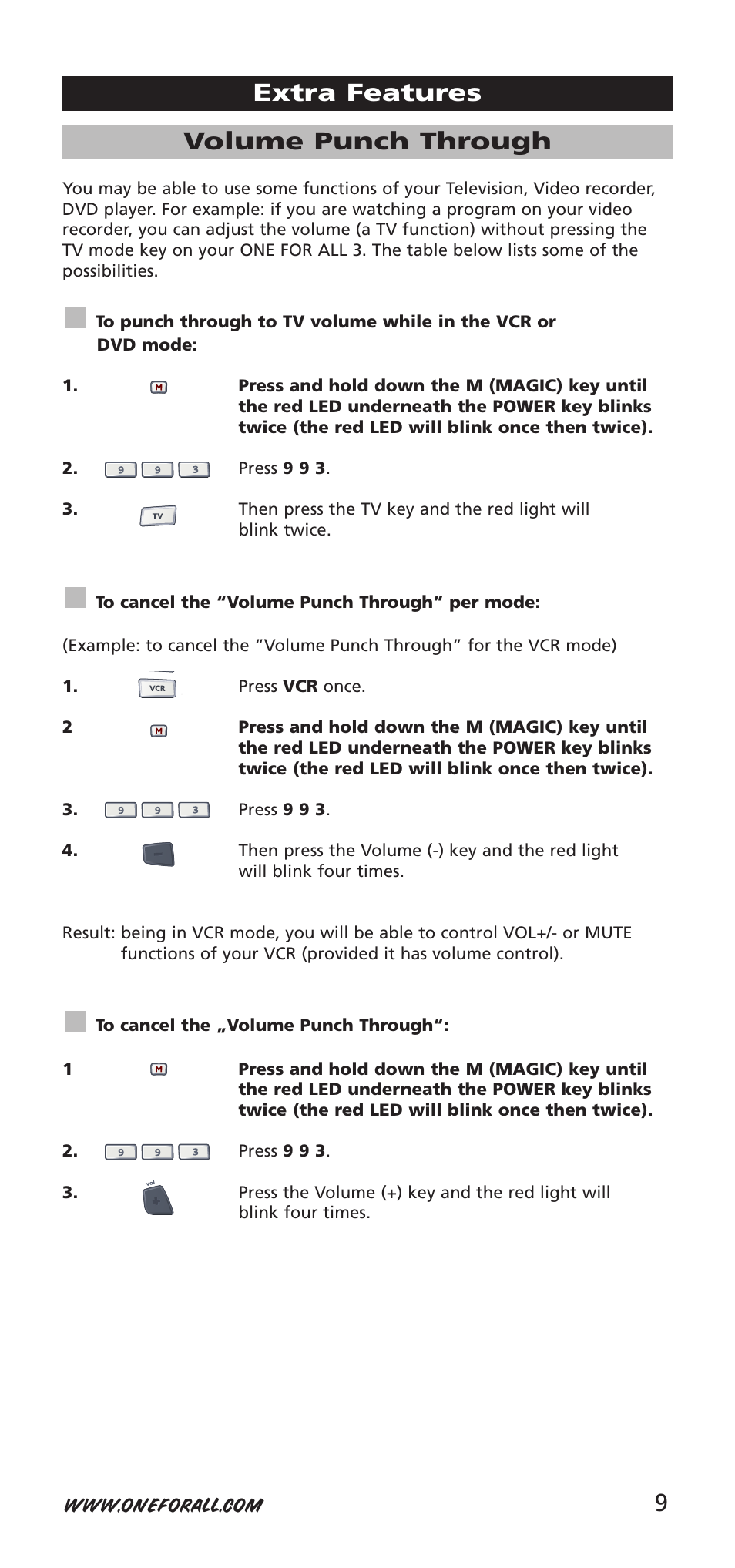 9volume punch through, Extra features | One for All URC-7955 User Manual | Page 9 / 144