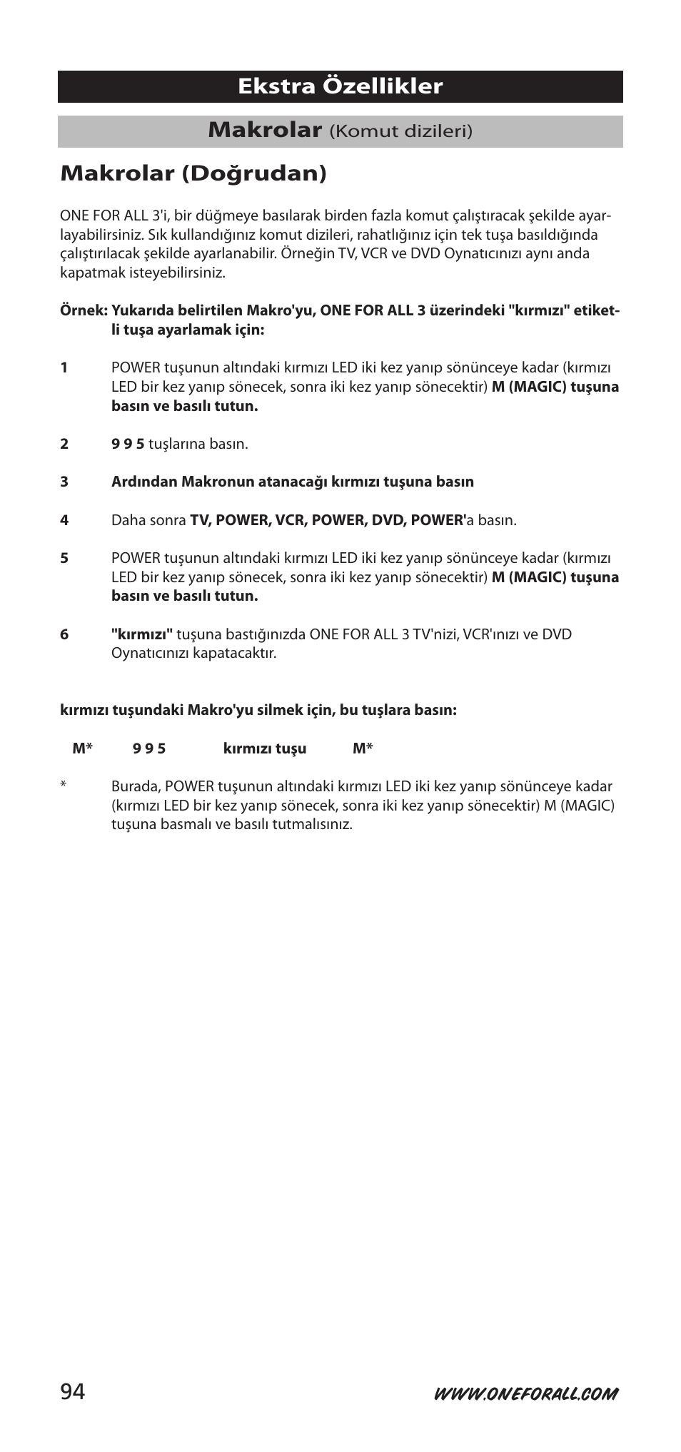 Makrolar, Ekstra özellikler makrolar (doğrudan) | One for All URC-7955 User Manual | Page 94 / 144