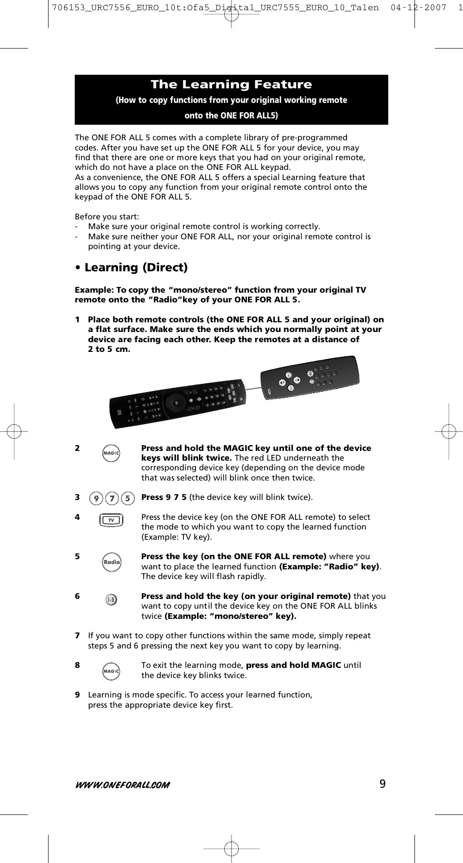 Learning (direct), The learning feature | One for All URC-7556 User Manual | Page 10 / 224