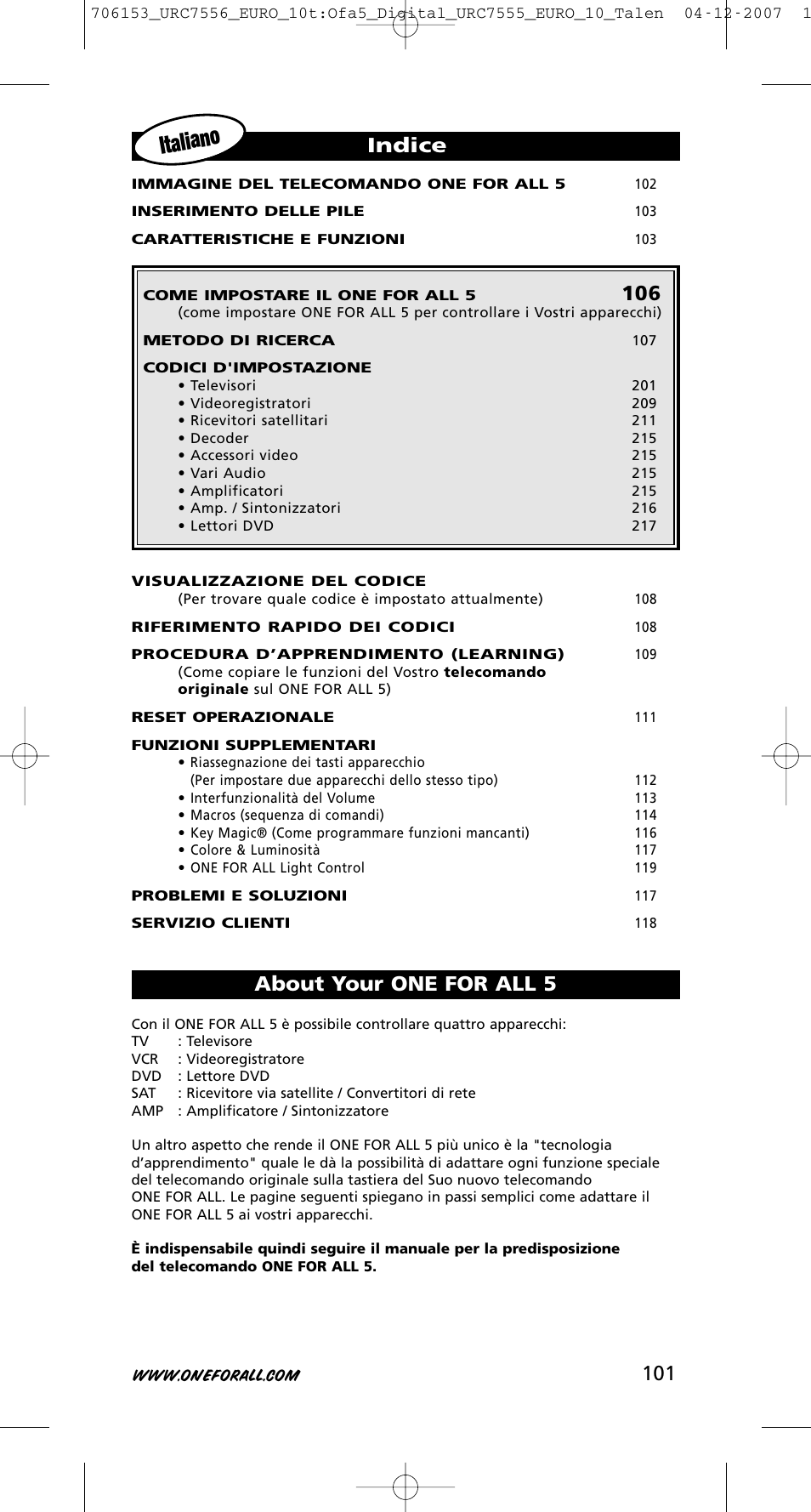 Italiano, Indice, About your one for all 5 | One for All URC-7556 User Manual | Page 102 / 224