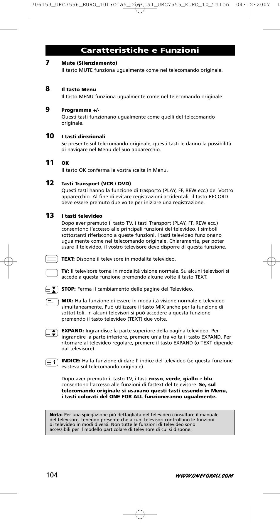 Caratteristiche e funzioni | One for All URC-7556 User Manual | Page 105 / 224