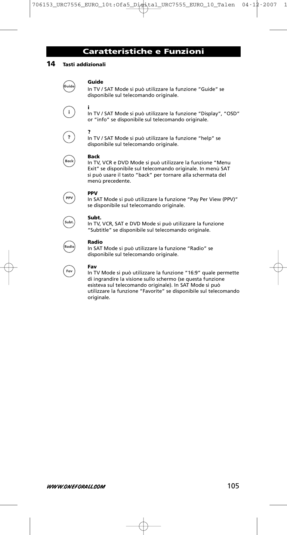 Caratteristiche e funzioni | One for All URC-7556 User Manual | Page 106 / 224