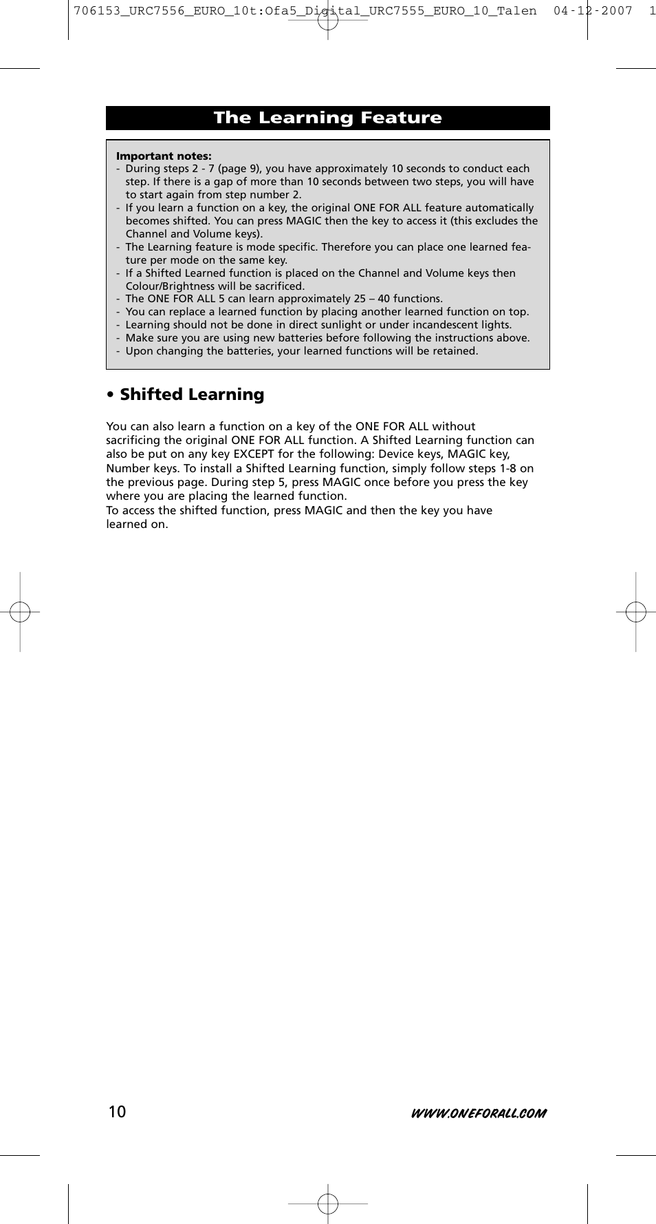 The learning feature • shifted learning | One for All URC-7556 User Manual | Page 11 / 224