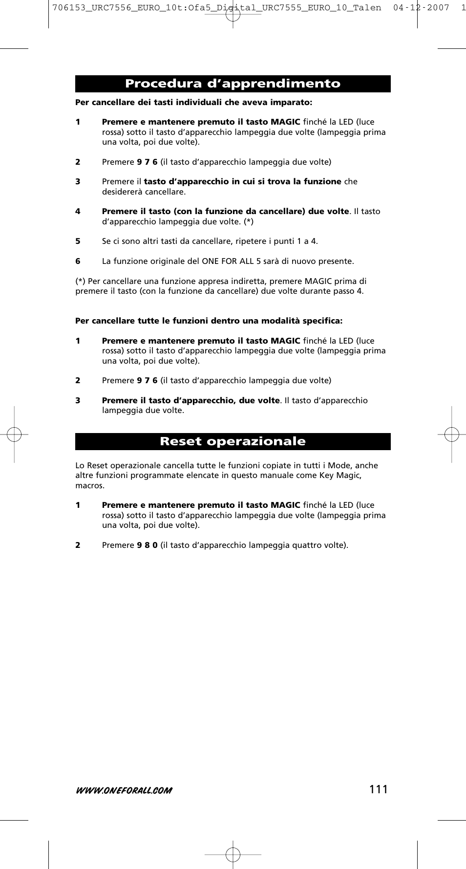 Reset operazionale, Procedura d’apprendimento | One for All URC-7556 User Manual | Page 112 / 224