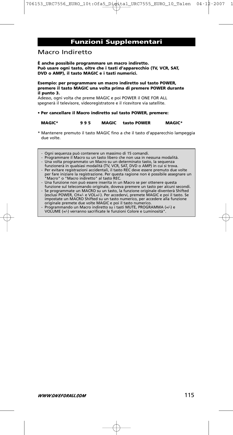 115 macro indiretto, Funzioni supplementari | One for All URC-7556 User Manual | Page 116 / 224