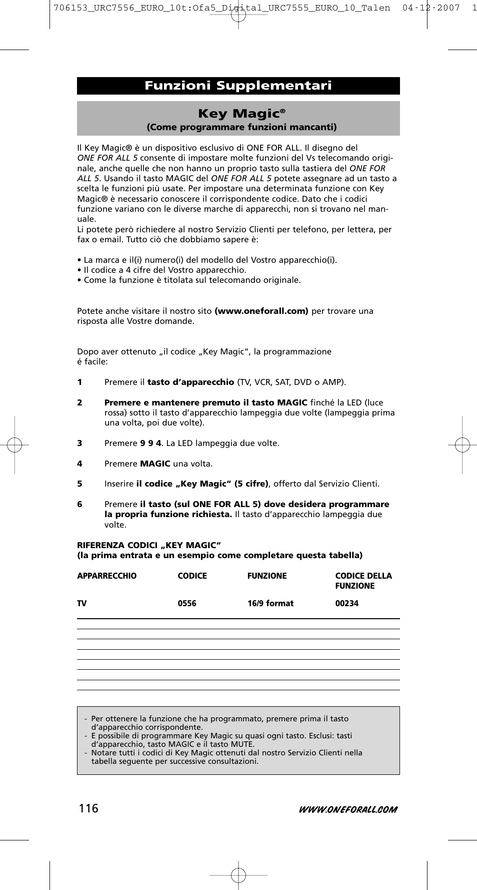 Key magic, Funzioni supplementari | One for All URC-7556 User Manual | Page 117 / 224