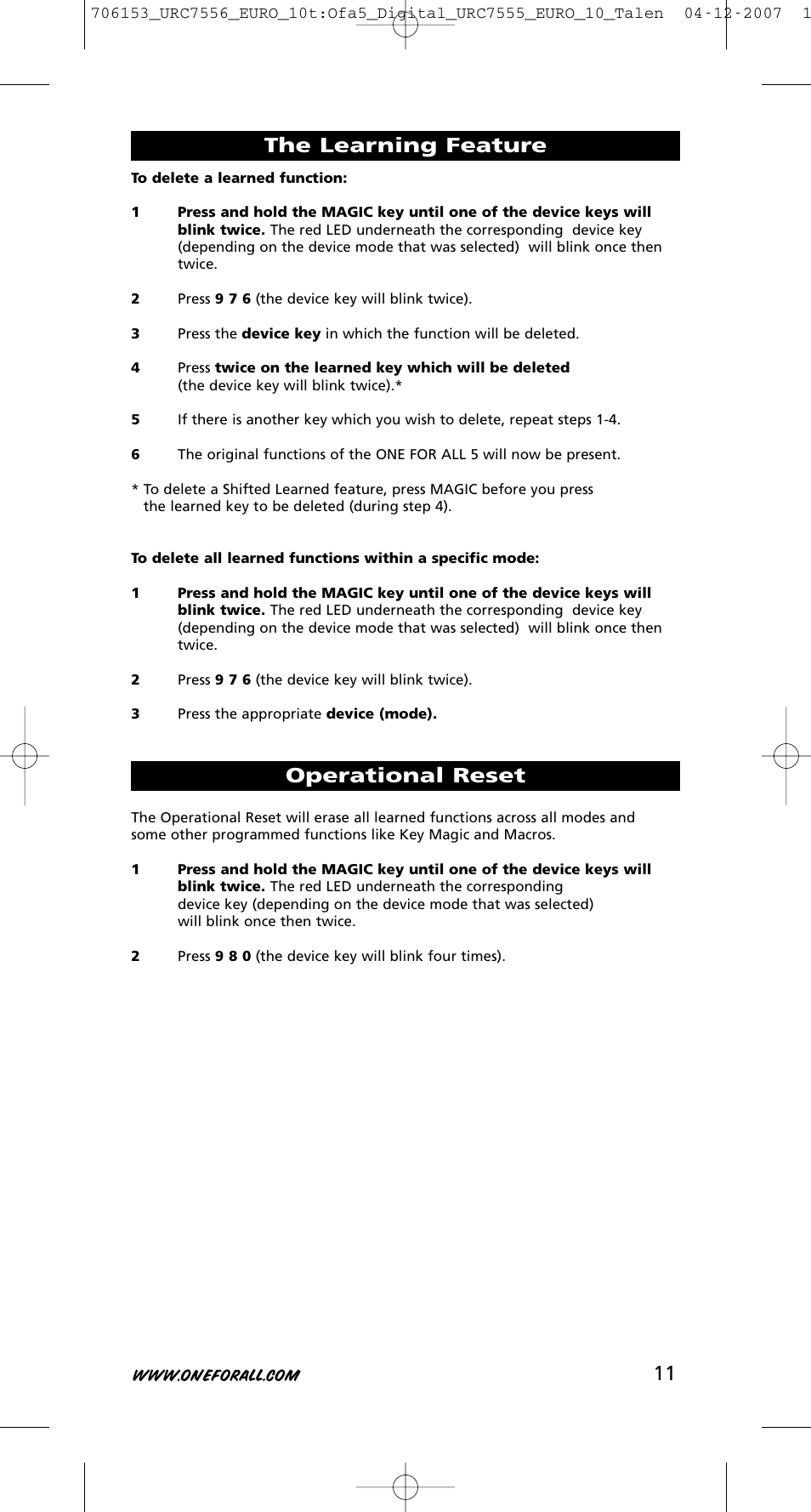 Operational reset, The learning feature | One for All URC-7556 User Manual | Page 12 / 224